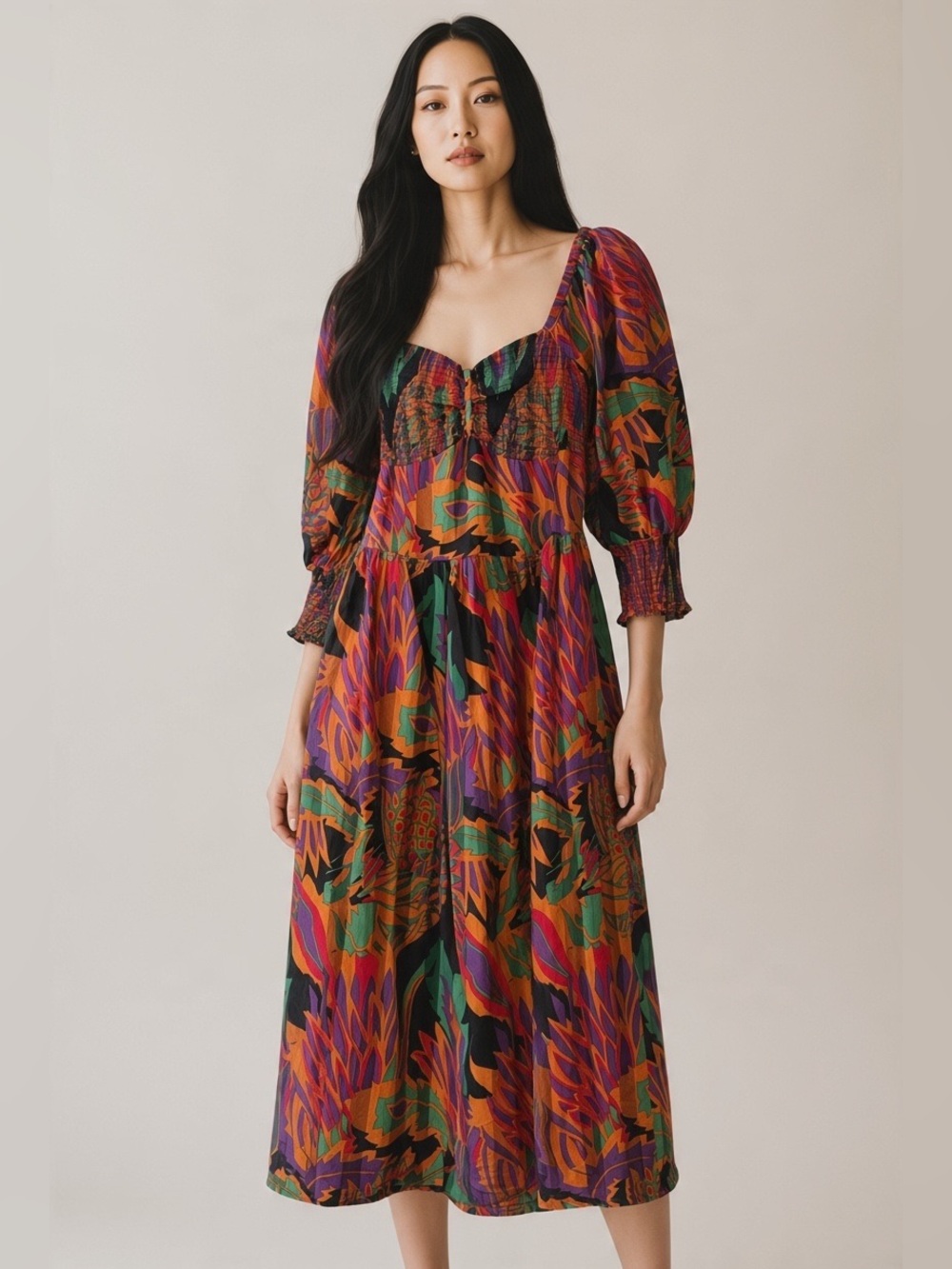House of Harlow 1960 Multi-Color Floral-Print Puff-Sleeve Midi Dress